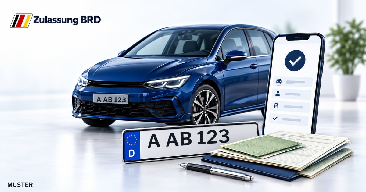 Online Fahrzeugzulassung in Augsburg: Musterkennzeichen A AB 123, Auto und Fahrzeugpapiere und Smartphone. Illustration mit Logo von Zulassung BRD.